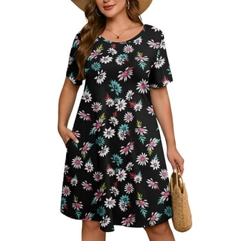 SHOWMALL Women's Plus Dresses Short Sleeves Casual Floral T-Shirt Dresses with Pockets 3X Black Magritte