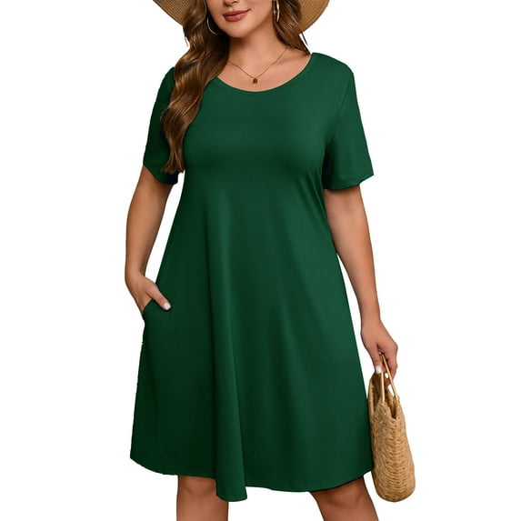 SHOWMALL Women's Plus Dresses Short Sleeves Casual T-Shirt Dresses with Pockets 5X Dark Green