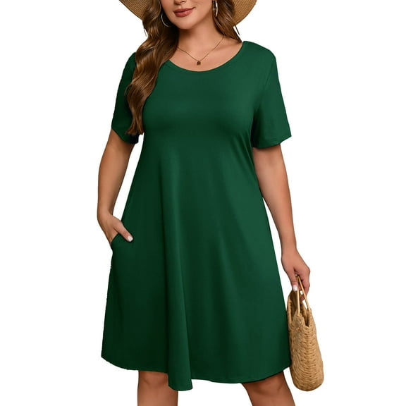 SHOWMALL Women's Plus Dresses Short Sleeves Casual T-Shirt Dresses with Pockets 5X Dark Green