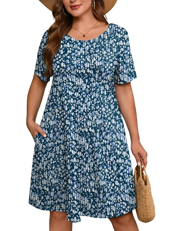 Women's Plus Dresses Short Sleeves Floral Casual T-Shirt Dresses with Pockets 3X Navy Blue Vertical Floral