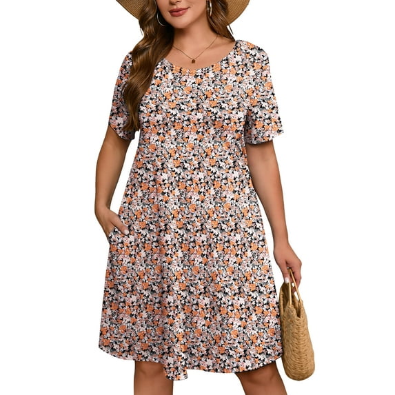 SHOWMALL Women's Plus Dresses Short Sleeves Floral Casual T-Shirt Dresses with Pockets 4X Luxuriant Flowers Black
