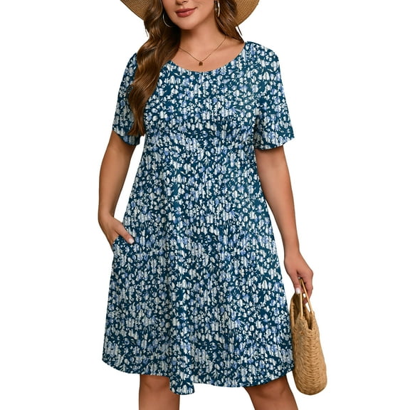 SHOWMALL Women's Plus Dresses Short Sleeves Floral Casual T-Shirt Dresses with Pockets 5X Navy Blue Vertical Floral