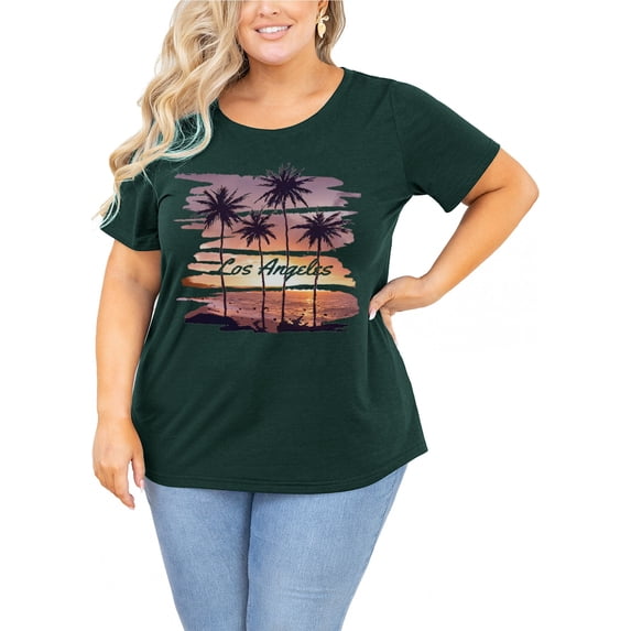 SHOWMALL Women's Plus Graphic Shirts Crewneck Short Sleeves Blouse Casual Sunset Printed Tops, US Size 4X in Dark Green
