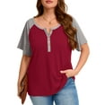 thumbnail image 1 of SHOWMALL Women's Plus Henley Shirts V-Neck Button-Up Short Sleeve Tops Burgundy 5X Color-block Casual Dressy Blouse, 1 of 8