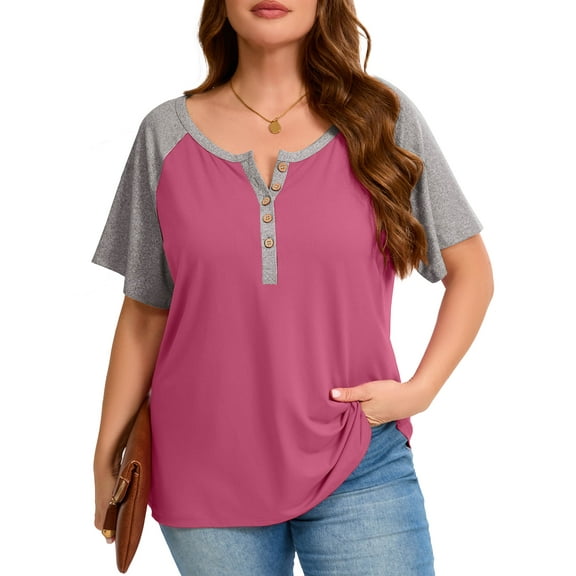 SHOWMALL Women's Plus Henley Shirts V-Neck Button-Up Short Raglan Sleeve Tops Purple Red 2X Color-block Casual Dressy Blouse