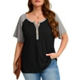 thumbnail image 1 of SHOWMALL Women's Plus Henley Tee Color-block Black 3X V-Neck Button-Up Short Sleeve Shirts Combo Casual Dressy Top, 1 of 8