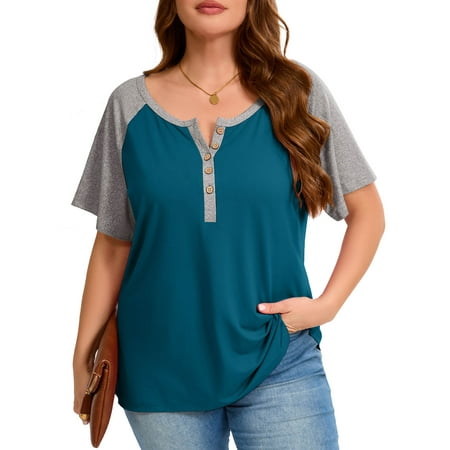 SHOWMALL Women's Plus Henley Tops Color-block Royal Blue 2X V-Neck Button-Up Short Raglan Sleeve Tee Combo Casual Dressy Shirts