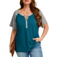 thumbnail image 1 of SHOWMALL Women's Plus Henley Tops Color-block Royal Blue 3X V-Neck Button-Up Short Raglan Sleeve Tee Combo Casual Dressy Shirts, 1 of 8