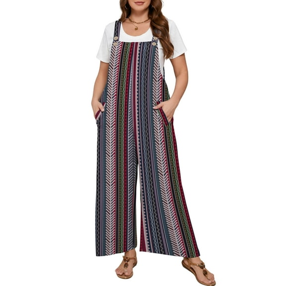 SHOWMALL Women’s Plus Jumpsuits Boho Casual Wide Leg Overalls Tribal Chevron Striped 4X Baggy Rompers with Pocket