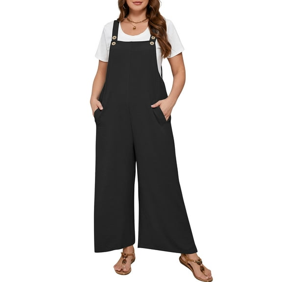 SHOWMALL Women’s Plus Jumpsuits Summer Boho Casual Wide Leg Overalls Black 3X Baggy Rompers with Pocket