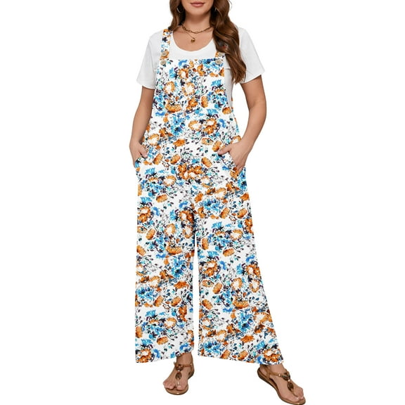 SHOWMALL Women’s Plus Jumpsuits Summer Boho Casual Wide Leg Overalls Blue Yellow Inks 3X Floral Print Baggy Rompers with Pocket