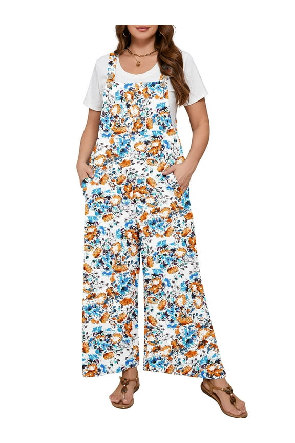 Women’s Plus Jumpsuits Summer Boho Casual Wide Leg Overalls Blue Yellow Inks 3X Floral Print Baggy Rompers with Pocket