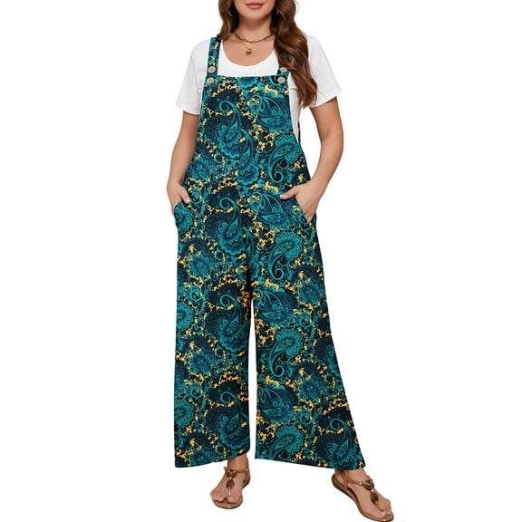 SHOWMALL Women’s Plus Jumpsuits Summer Boho Casual Wide Leg Overalls Green Field 4X Floral Print Baggy Rompers with Pocket
