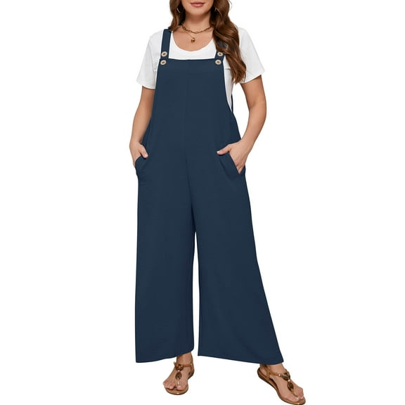SHOWMALL Women’s Plus Jumpsuits Summer Boho Casual Wide Leg Overalls Navy Blue 2X Baggy Rompers with Pocket