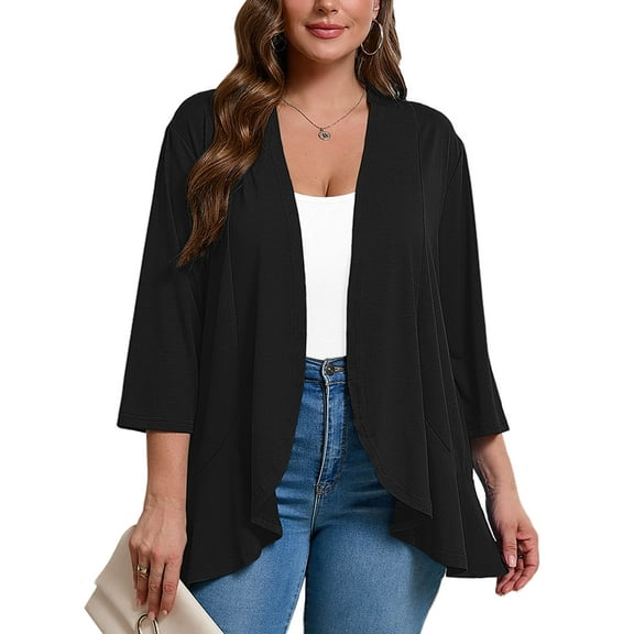 SHOWMALL Women's Plus Lightweight Cardigan Open Front 3/4 Sleeves Bolero Black 3X Pleated Ruffles Hemline Shrugs