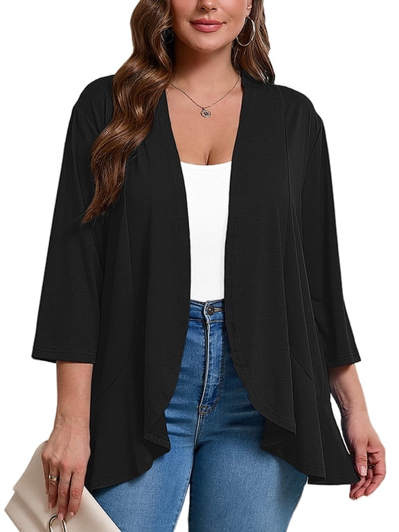Women's Plus Lightweight Cardigan Open Front 3/4 Sleeves Bolero Black 3X Pleated Ruffles Hemline Shrugs