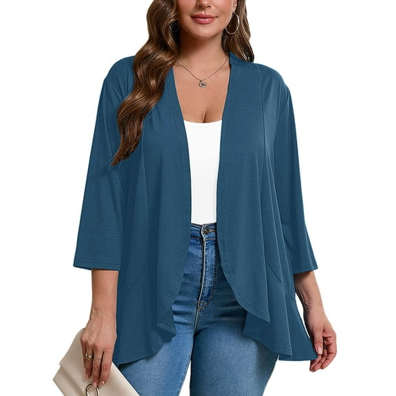 SHOWMALL Women's Plus Lightweight Cardigan Open Front 3/4 Sleeves Bolero Blue 3X Pleated Ruffles Hemline Shrugs