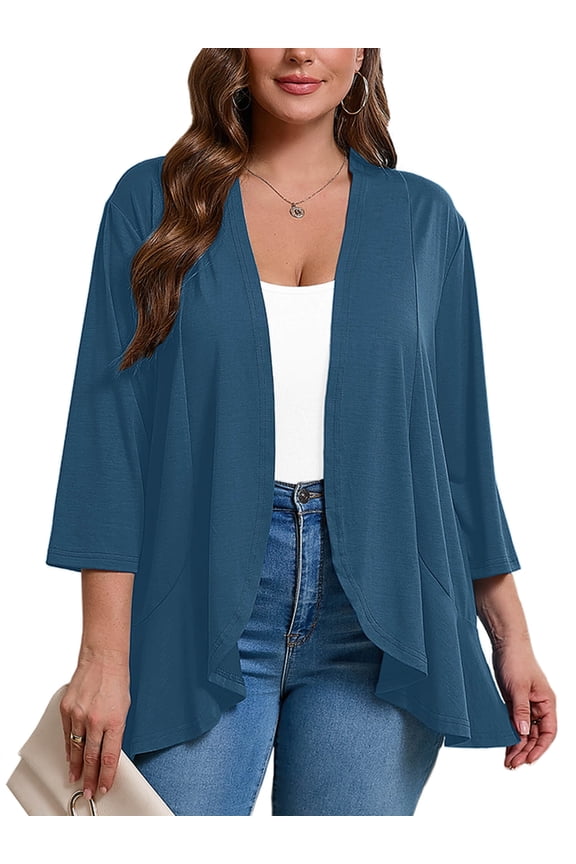 Women's Plus Lightweight Cardigan Open Front 3/4 Sleeves Bolero Blue 3X Pleated Ruffles Hemline Shrugs