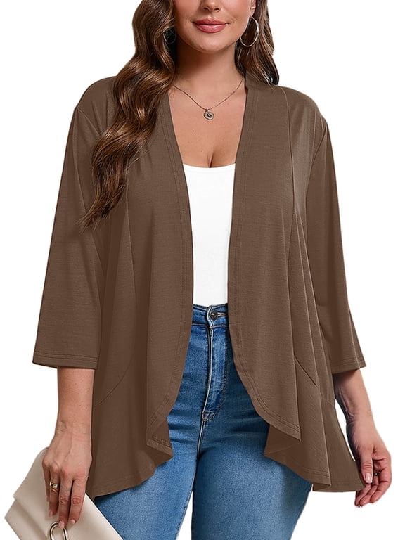 Women's Plus Lightweight Cardigan Open Front 3/4 Sleeves Bolero Coffee 3X Pleated Ruffles Hemline Shrugs