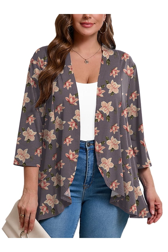 Women's Plus Lightweight Cardigan Open Front 3/4 Sleeves Bolero Lavender Gray Hibiscus 3X Pleated Ruffles Hemline Shrugs