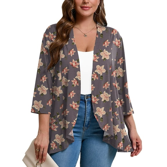 SHOWMALL Women's Plus Lightweight Cardigan Open Front 3/4 Sleeves Bolero Lavender Gray Hibiscus 5X Pleated Ruffles Hemline Shrugs