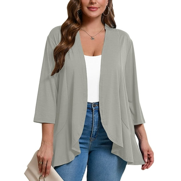 SHOWMALL Women's Plus Lightweight Cardigan Open Front 3/4 Sleeves Bolero Light Gray 3X Pleated Ruffles Hemline Shrugs