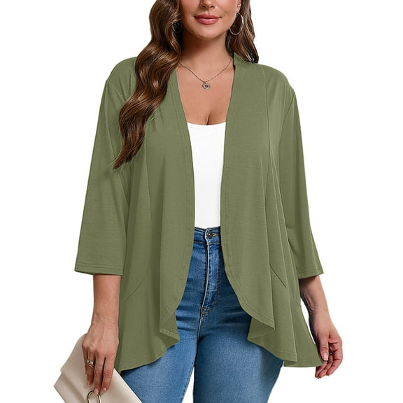 SHOWMALL Women's Plus Lightweight Cardigan Open Front 3/4 Sleeves Bolero Light Green 3X Pleated Ruffles Hemline Shrugs