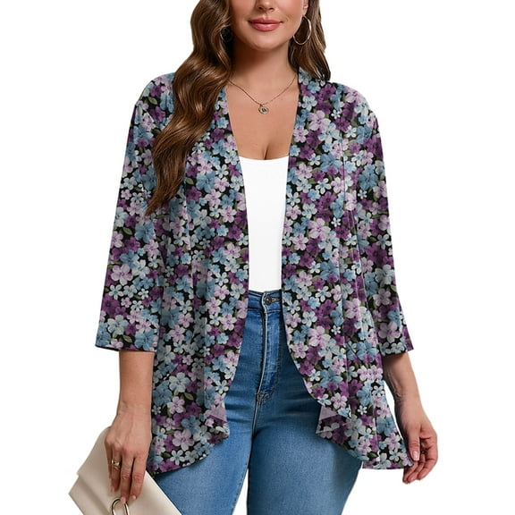 SHOWMALL Women's Plus Lightweight Cardigan Open Front 3/4 Sleeves Bolero Tricolor Blossoms 3X Pleated Ruffles Hemline Shrugs