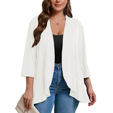 Women's Plus Lightweight Cardigan Open Front 3/4 Sleeves Bolero White 3X Pleated Ruffles Hemline Shrugs