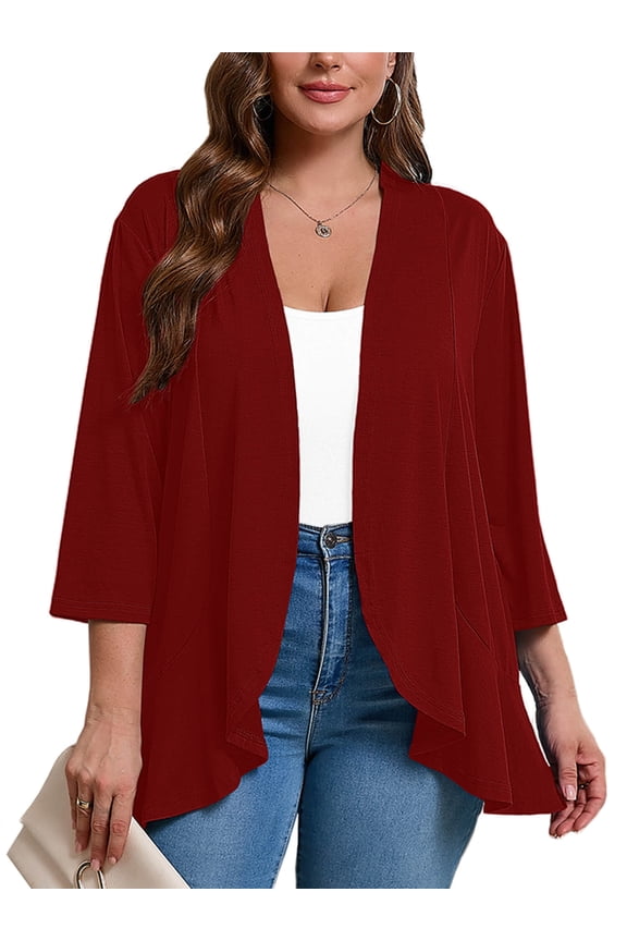 Women's Plus Lightweight Cardigan Open Front 3/4 Sleeves Bolero Wine Red 3X Pleated Ruffles Hemline Shrugs