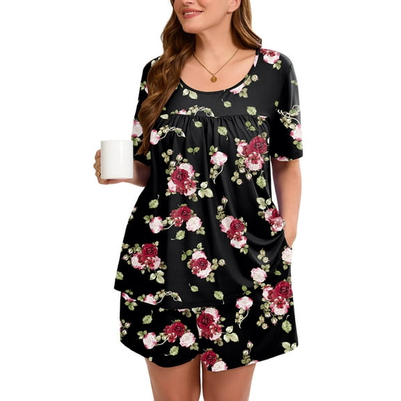 SHOWMALL Women's Plus Loungewear Set 2 Piece Floral Pajama Short Sleeve Tops and Shorts Midnight Red Rose 3X Soft Sleepwear with Pockets