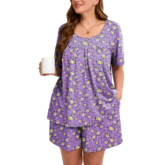 SHOWMALL Women's Plus Loungewear Set 2 Piece Floral Pajama Short Sleeve Tops and Shorts Purple Chrysanthemum 2X Soft Sleepwear with Pockets