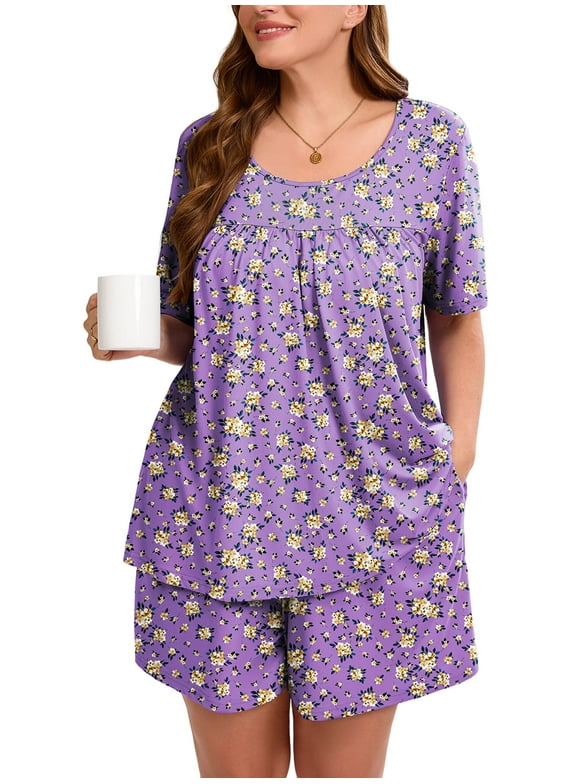 Women's Plus Loungewear Set 2 Piece Floral Pajama Short Sleeve Tops and Shorts Purple Chrysanthemum 3X Soft Sleepwear with Pockets