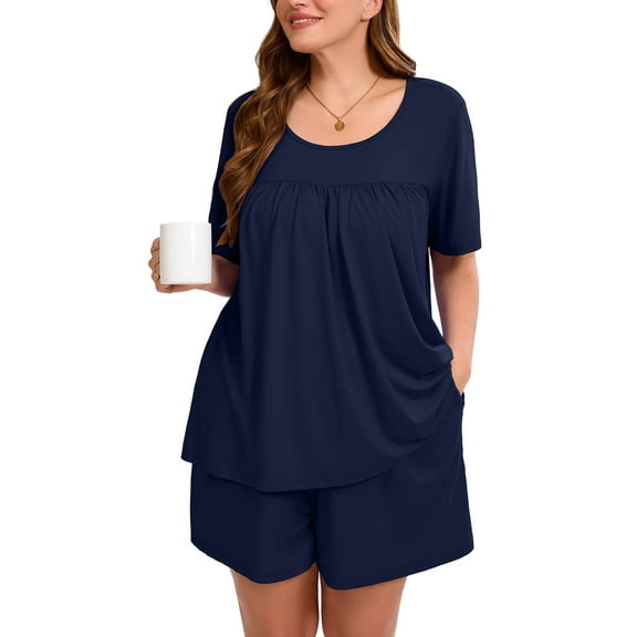 SHOWMALL Women's Plus Loungewear Sets 2 Pieces Short Sleeve Top and Shorts Sleepwear Scoop Neck Pjs Navy Blue 3X Soft Pajama Set with Pockets
