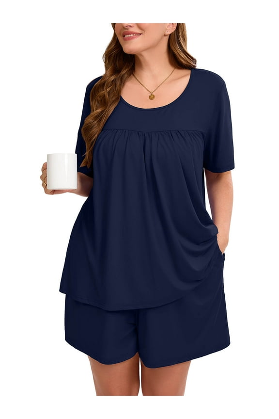 Women's Plus Loungewear Sets 2 Pieces Short Sleeve Top and Shorts Sleepwear Scoop Neck Pjs Navy Blue 3X Soft Pajama Set with Pockets