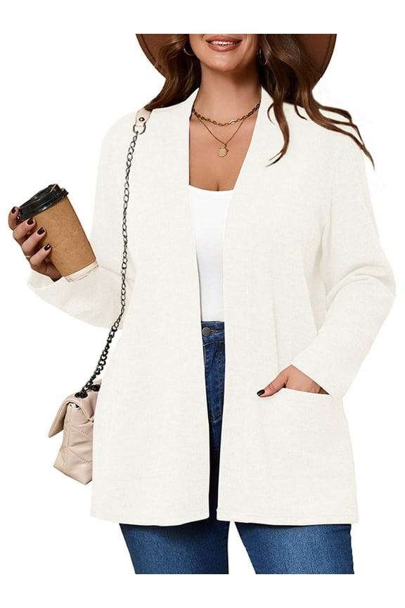 Women's Plus Open Front Fall Cardigan V Neck Sweater Long Sleeve Causal Button Down Soft 1X Beige White Warm Knit Cardigan