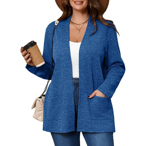 SHOWMALL Women's Plus Open Front Fall Cardigan V Neck Sweater Long Sleeve Causal Button Down Soft 1X Blue Warm Knit Cardigan