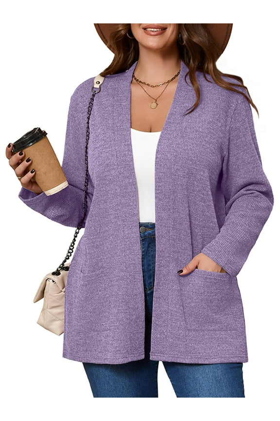 Women's Plus Open Front Fall Cardigan V Neck Sweater Long Sleeve Causal Button Down Soft 1X Light Purple Outwear Tops