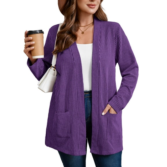 SHOWMALL Women's Plus Open Front Fall Cardigan V Neck Sweater Long Sleeve Causal Button Down Soft 1X Purple Stripe Warm Knit Cardigan