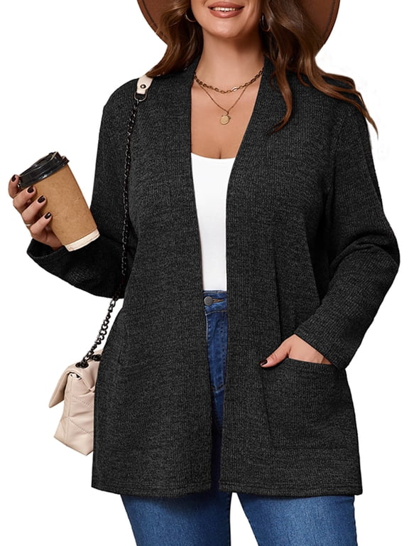Women's Plus Open Front Fall Cardigan V Neck Sweater Long Sleeve Causal Button Down Soft 2X Black Outwear Tops