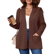 SHOWMALL Women's Plus Open Front Fall Cardigan V Neck Sweater Long Sleeve Causal Button Down Soft 2X Dark Coffee Outwear Tops