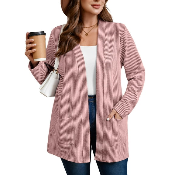 SHOWMALL Women's Plus Open Front Fall Cardigan V Neck Sweater Long Sleeve Causal Button Down Soft 2X Pink Stripe Outwear Tops