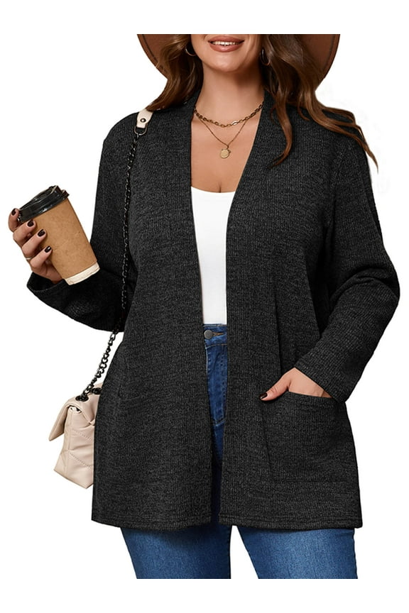 Women's Plus Open Front Fall Cardigan V Neck Sweater Long Sleeve Causal Button Down Soft 3X Black Warm Knit Cardigan