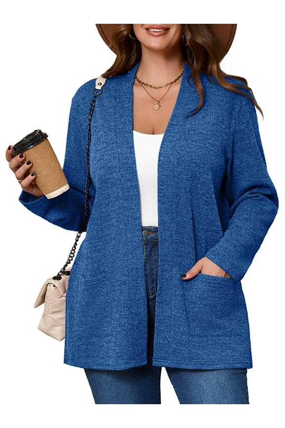Women's Plus Open Front Fall Cardigan V Neck Sweater Long Sleeve Causal Button Down Soft 3X Blue Warm Knit Cardigan