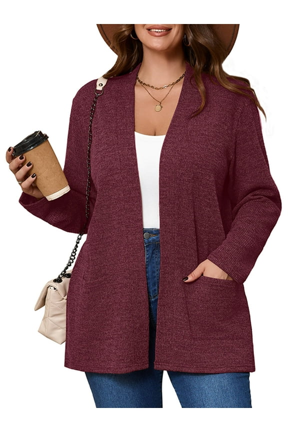 Women's Plus Open Front Fall Cardigan V Neck Sweater Long Sleeve Causal Button Down Soft 3X Burgundy Outwear Tops