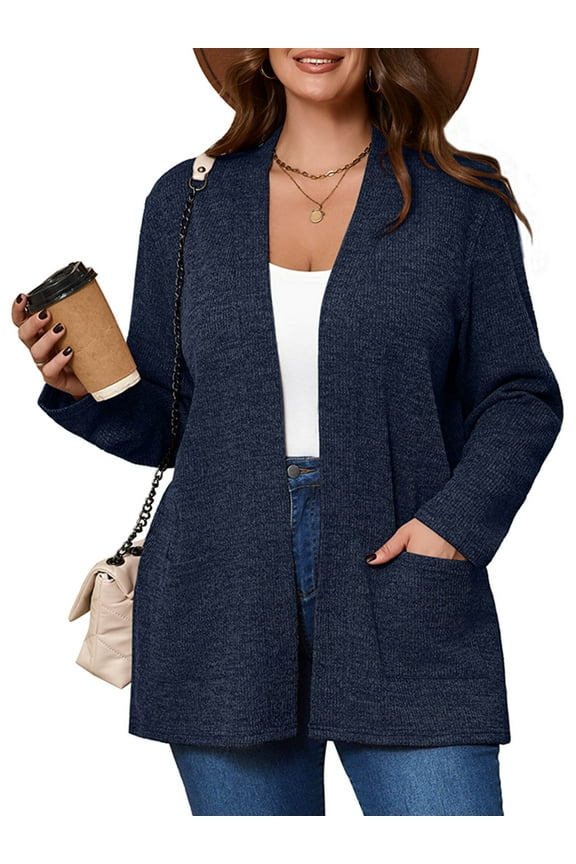 Women's Plus Open Front Fall Cardigan V Neck Sweater Long Sleeve Causal Button Down Soft 3X Dark Blue Warm Knit Cardigan