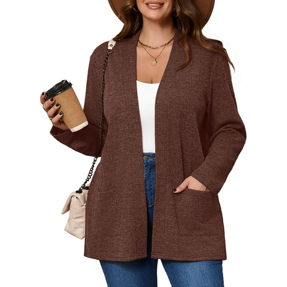 SHOWMALL Women's Plus Open Front Fall Cardigan V Neck Sweater Long Sleeve Causal Button Down Soft 3X Dark Coffee Warm Knit Cardigan