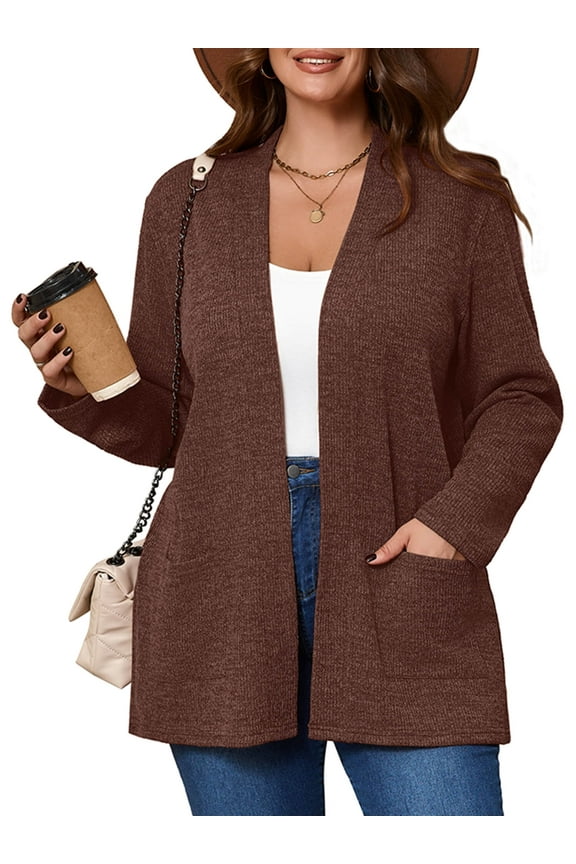 Women's Plus Open Front Fall Cardigan V Neck Sweater Long Sleeve Causal Button Down Soft 3X Dark Coffee Warm Knit Cardigan