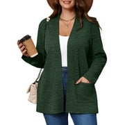 SHOWMALL Women's Plus Open Front Fall Cardigan V Neck Sweater Long Sleeve Causal Button Down Soft 3X Dark Green Warm Knit Cardigan