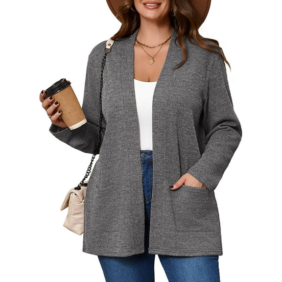 SHOWMALL Women's Plus Open Front Fall Cardigan V Neck Sweater Long Sleeve Causal Button Down Soft 3X Gray Outwear Tops